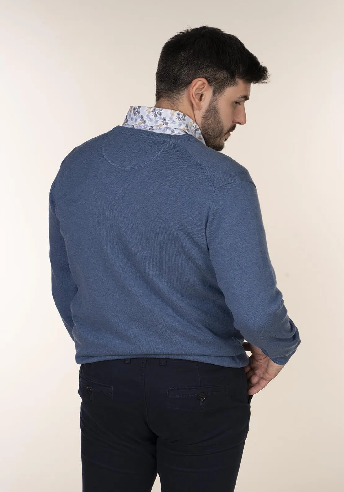 Plain Cotton V Neck Sweaters - Blue