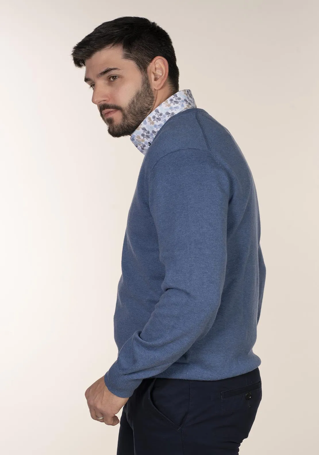 Plain Cotton V Neck Sweaters - Blue