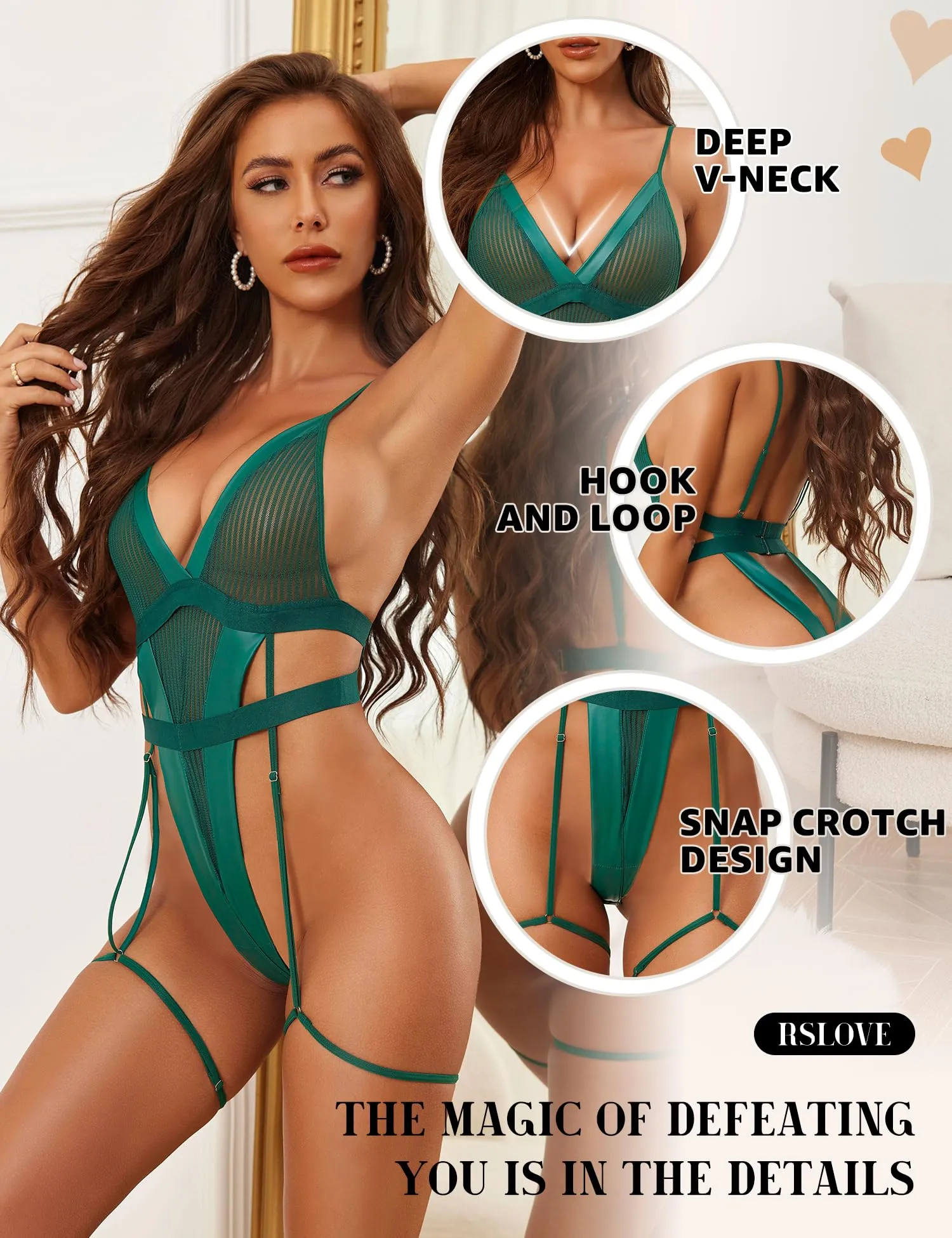 RSLOVE Teddy Lingerie for Women with Garter Belt One Piece Lingerie Sexy Strappy Lingerie Mesh Exotic Bodysuit Green Small