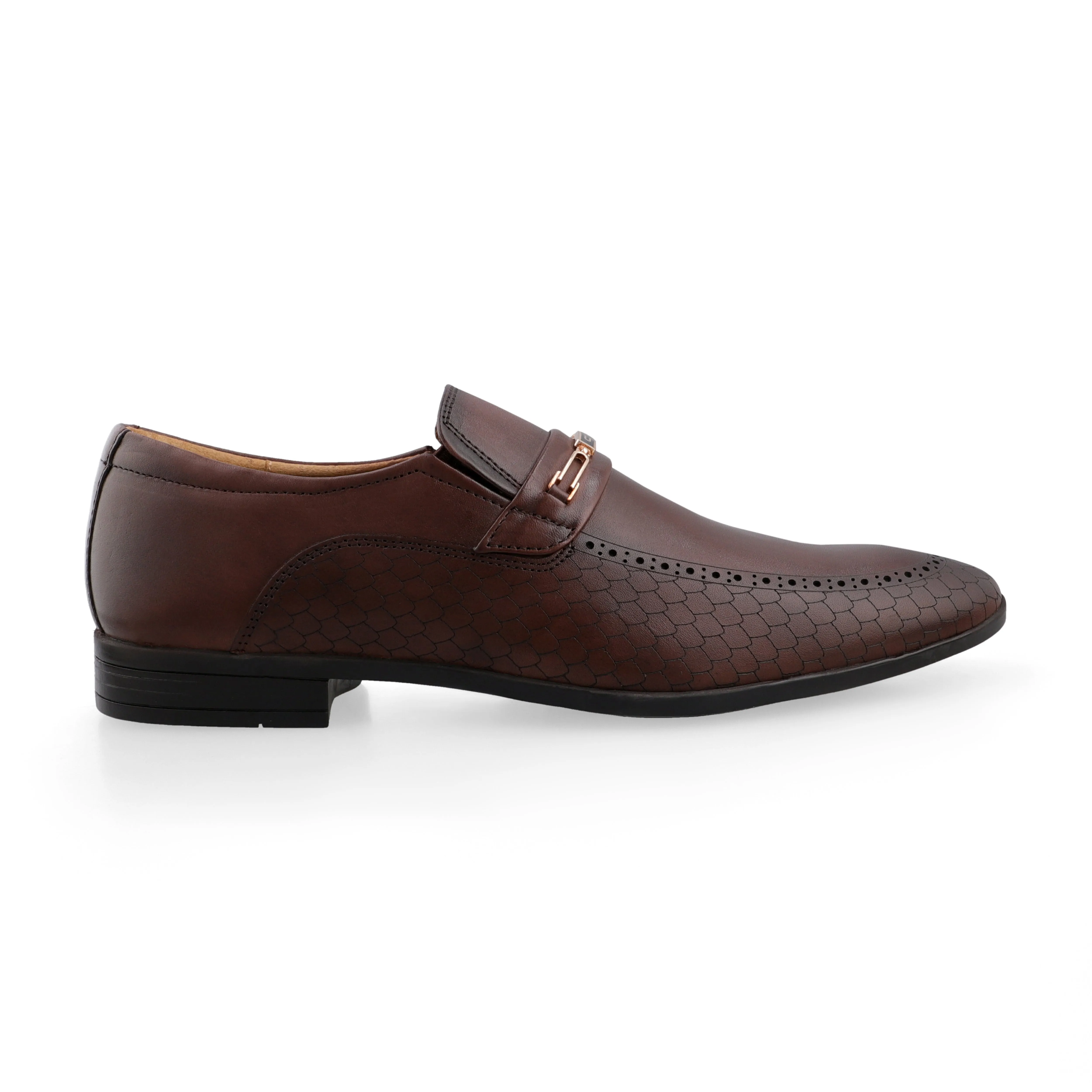 Scaled Sleek Buckled Loafers-Brown