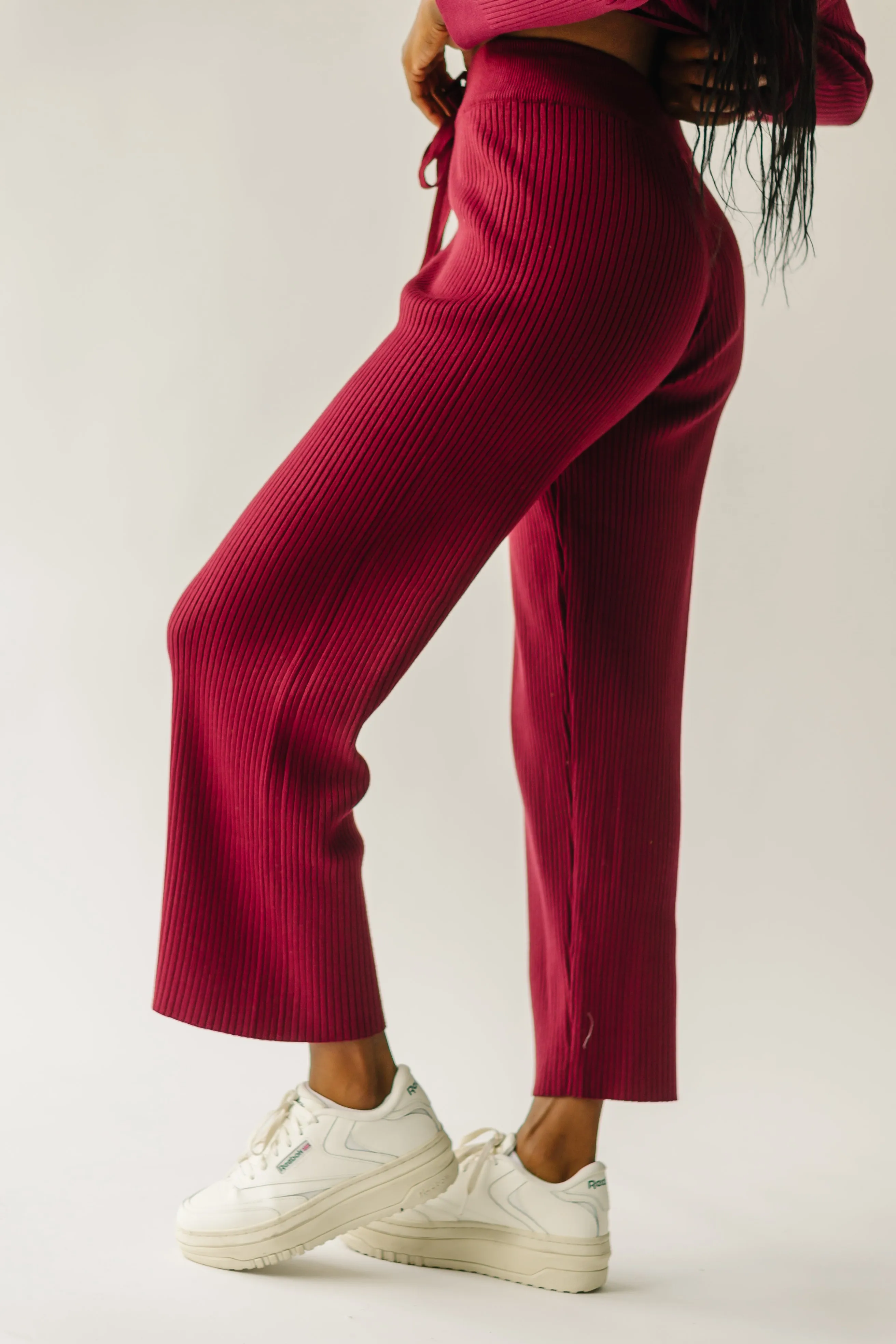 The Bethel Ribbed Straight Leg Sweater Pant in Mulberry