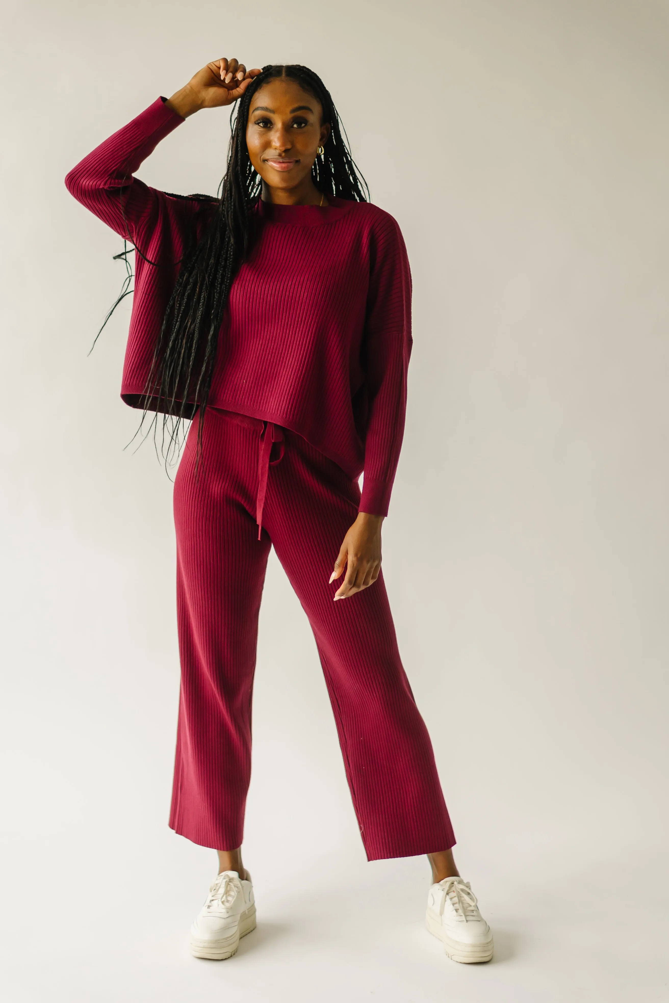 The Bethel Ribbed Straight Leg Sweater Pant in Mulberry