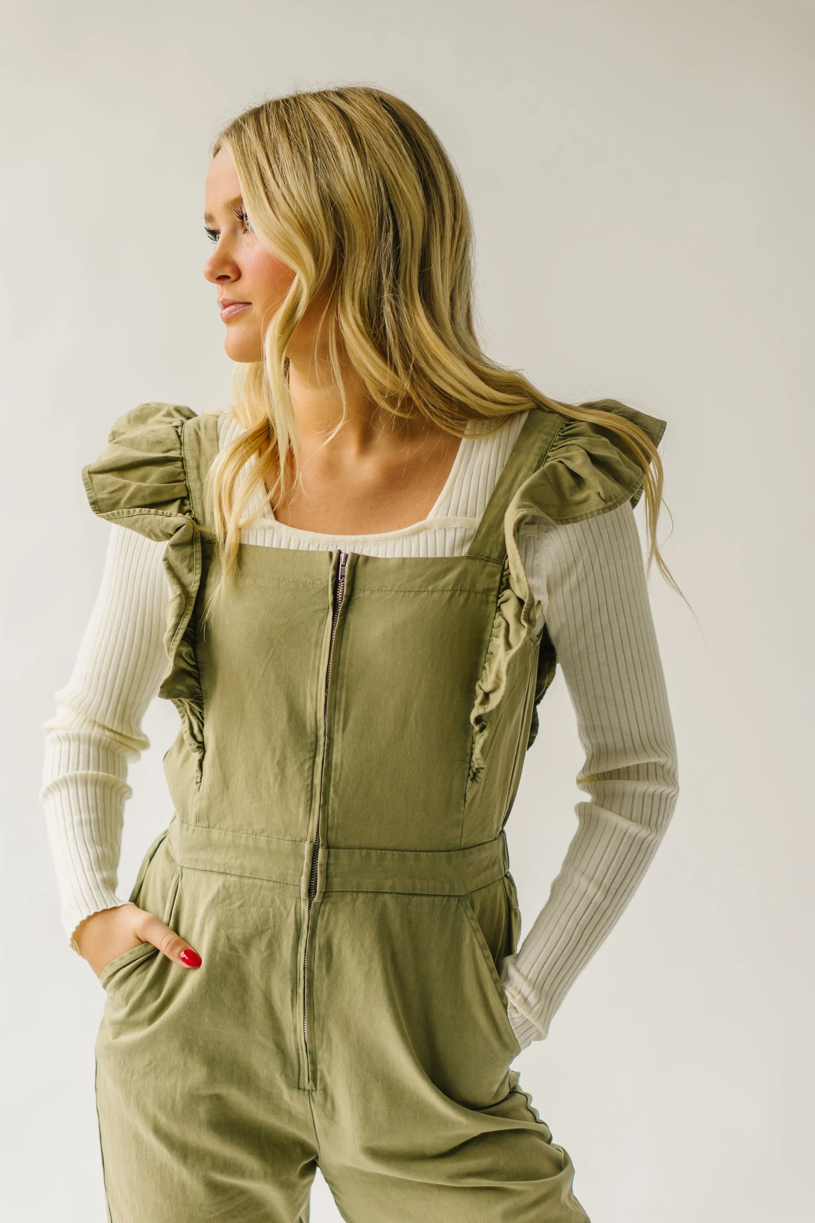 The Zenger Ruffle Sleeve Jumpsuit in Olive