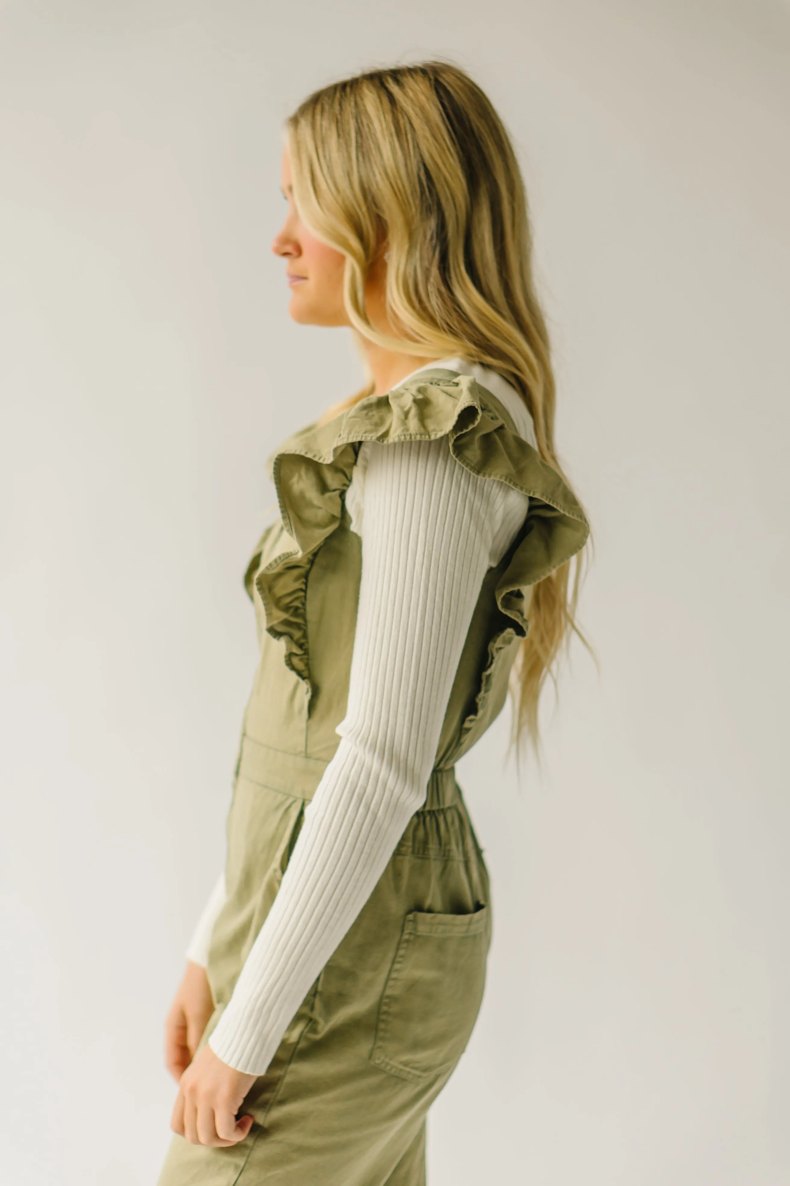 The Zenger Ruffle Sleeve Jumpsuit in Olive