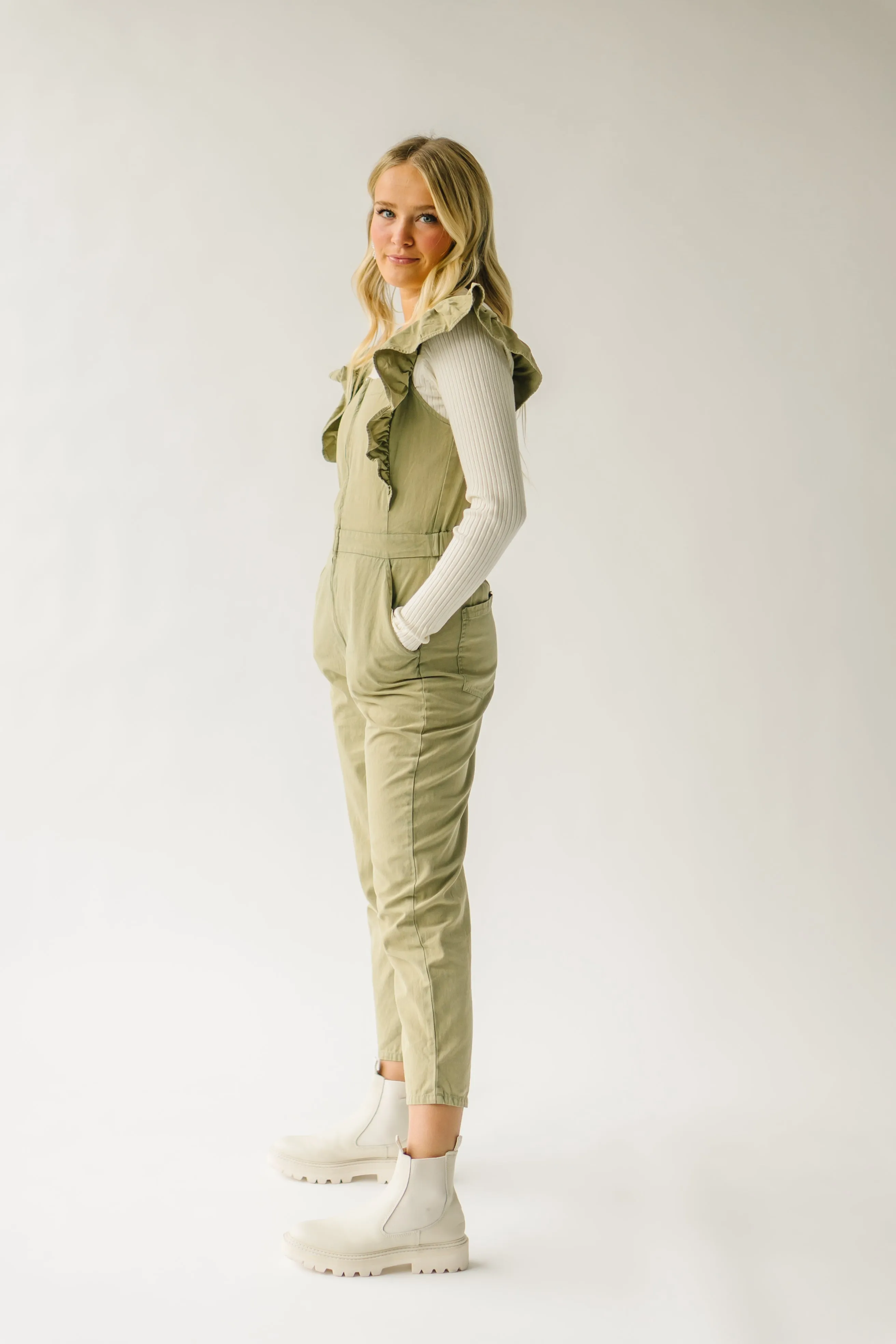 The Zenger Ruffle Sleeve Jumpsuit in Olive