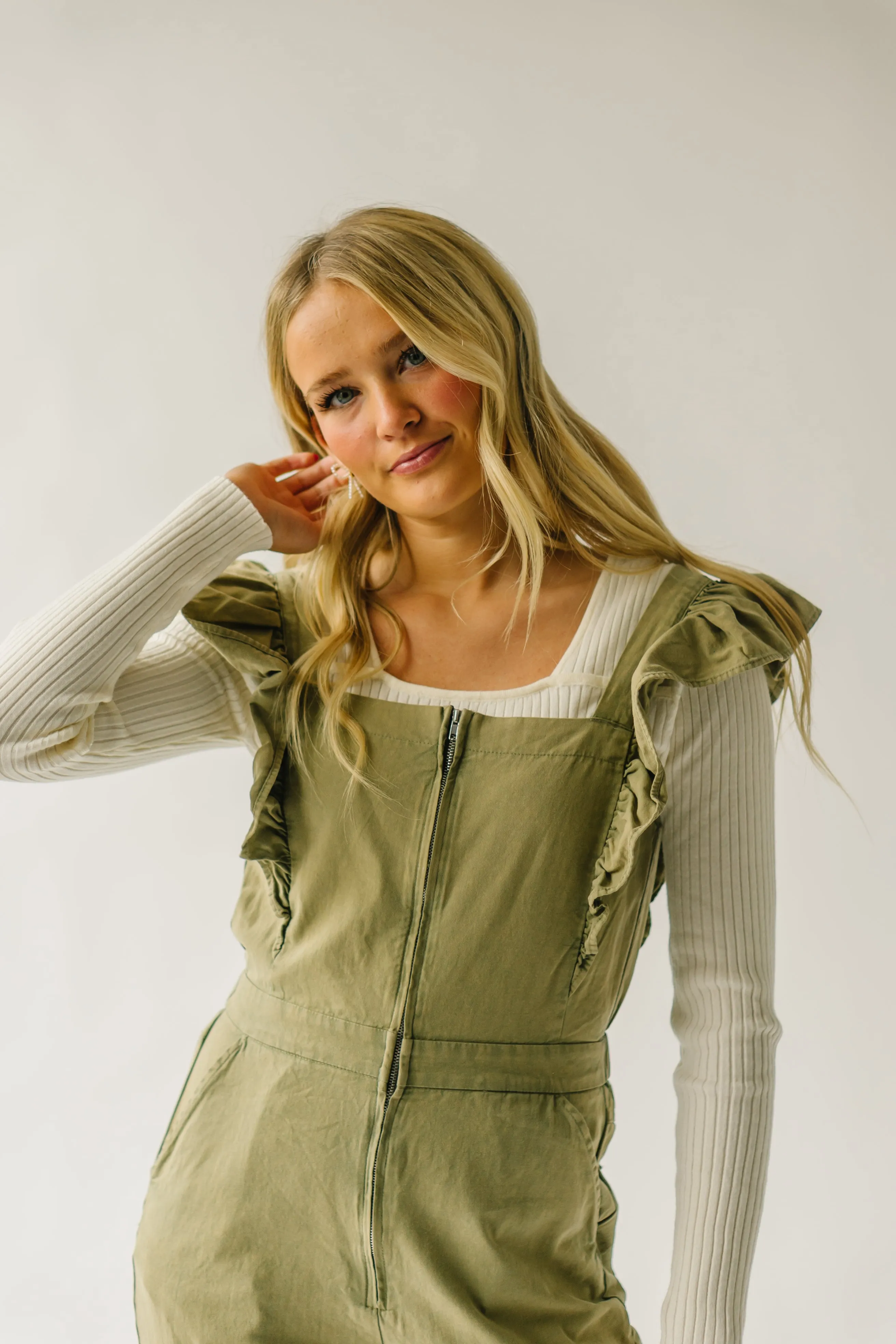 The Zenger Ruffle Sleeve Jumpsuit in Olive