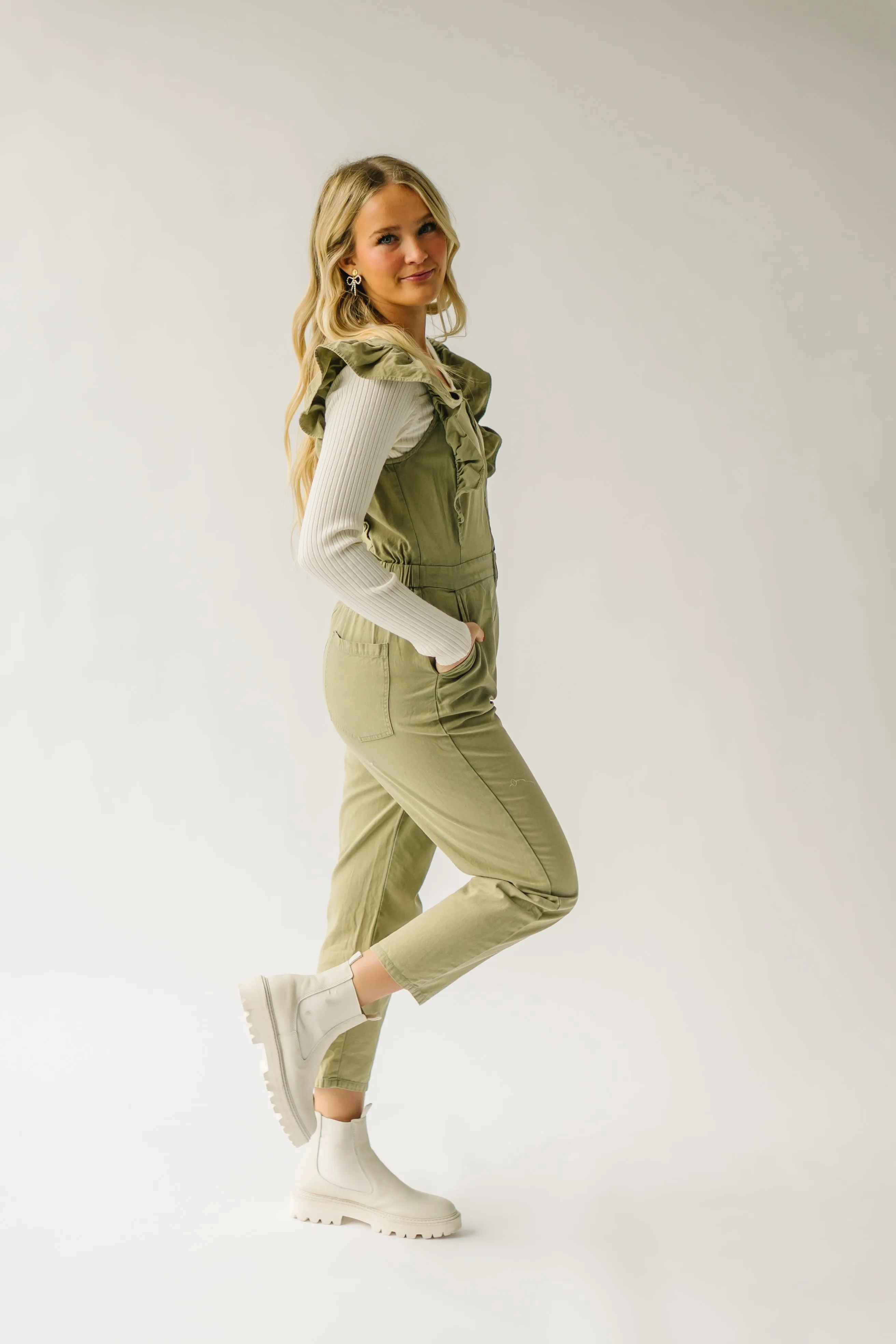 The Zenger Ruffle Sleeve Jumpsuit in Olive