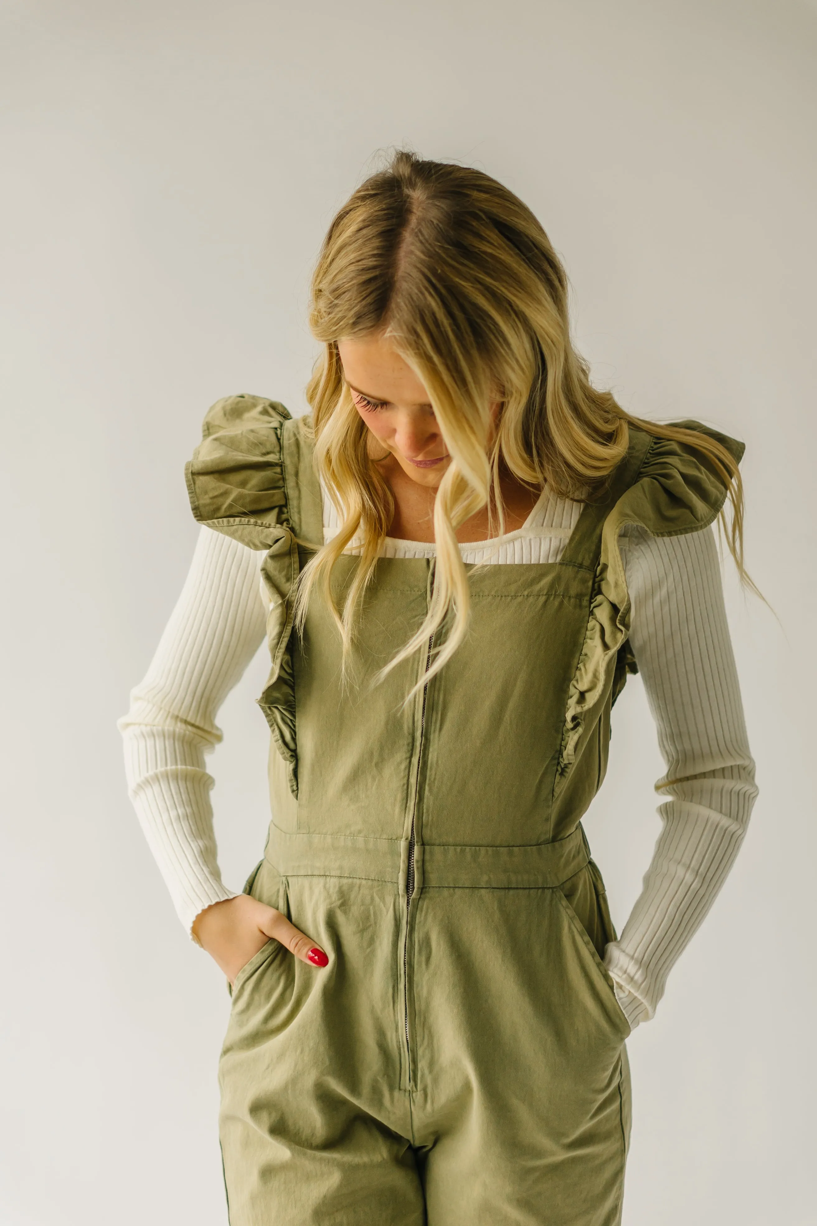 The Zenger Ruffle Sleeve Jumpsuit in Olive