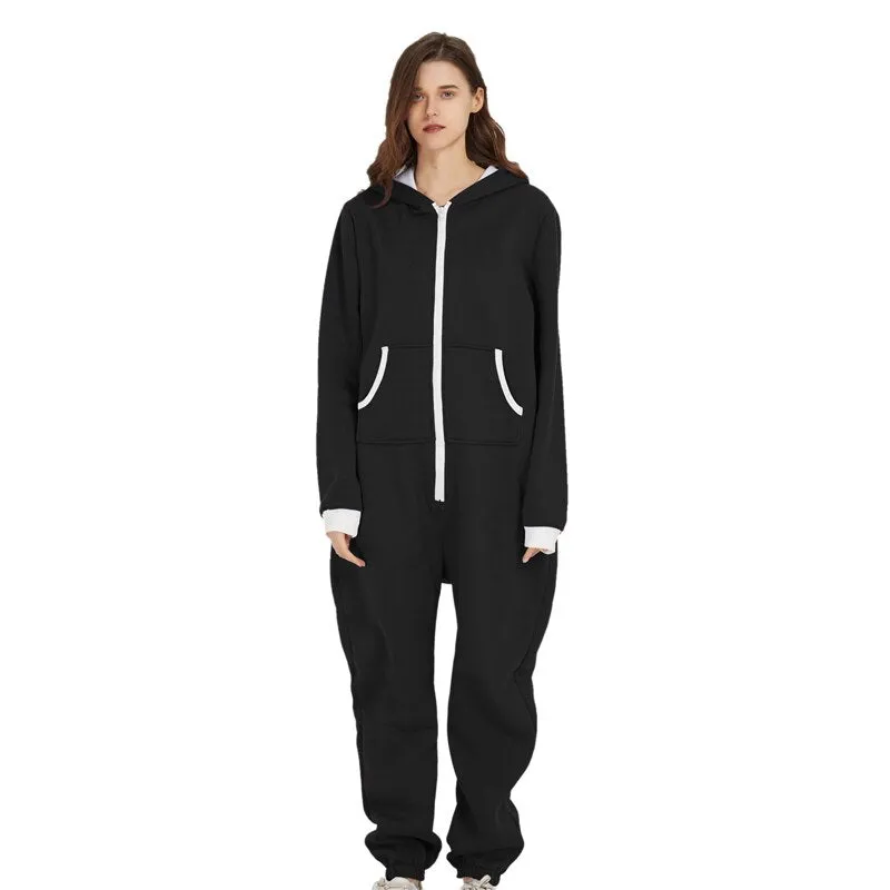 Unisex Indoor Loungewear Jumpsuits Hooded Pockets  Zipper One Piece Solid Pajamas