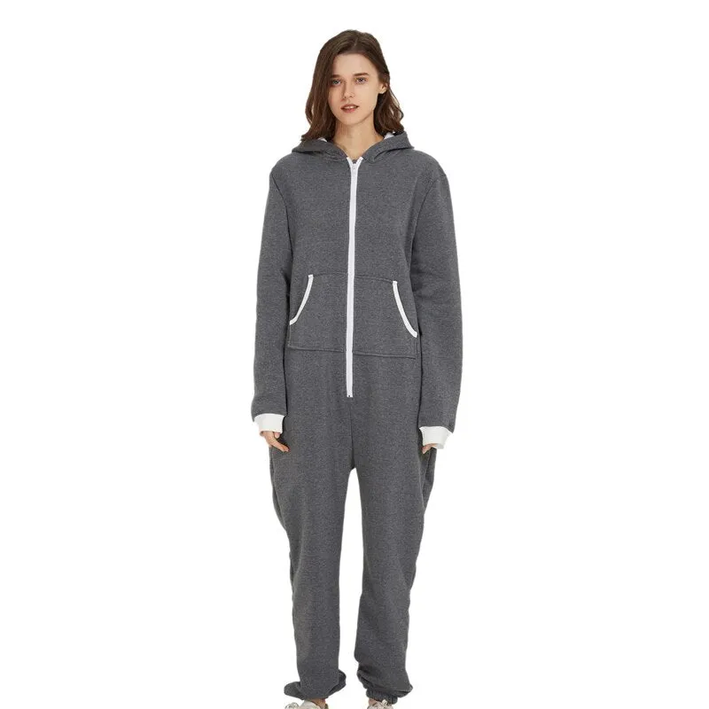 Unisex Indoor Loungewear Jumpsuits Hooded Pockets  Zipper One Piece Solid Pajamas