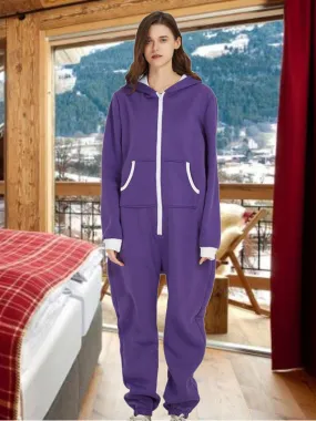 Unisex Indoor Loungewear Jumpsuits Hooded Pockets  Zipper One Piece Solid Pajamas