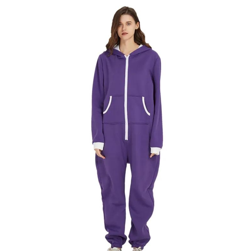 Unisex Indoor Loungewear Jumpsuits Hooded Pockets  Zipper One Piece Solid Pajamas