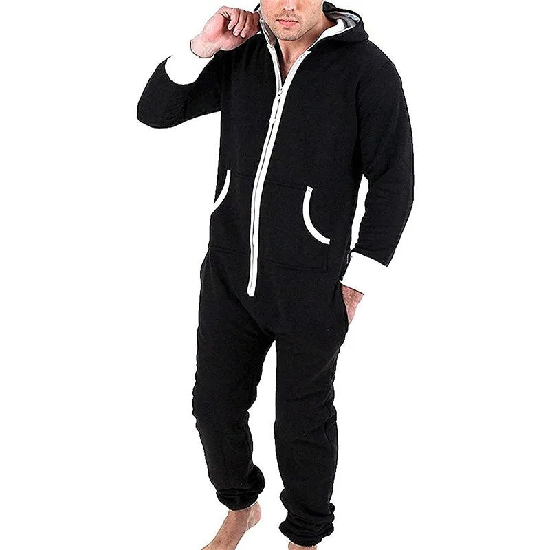 Unisex Indoor Loungewear Jumpsuits Hooded Pockets  Zipper One Piece Solid Pajamas