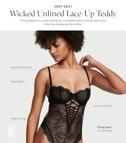 Victoria's Secret Unlined Wicked Lace Up Teddy, Sexy Lingerie, One Piece Bodysuit, Lace Bodysuit, Lingerie Set, Shapewear, Black (M)