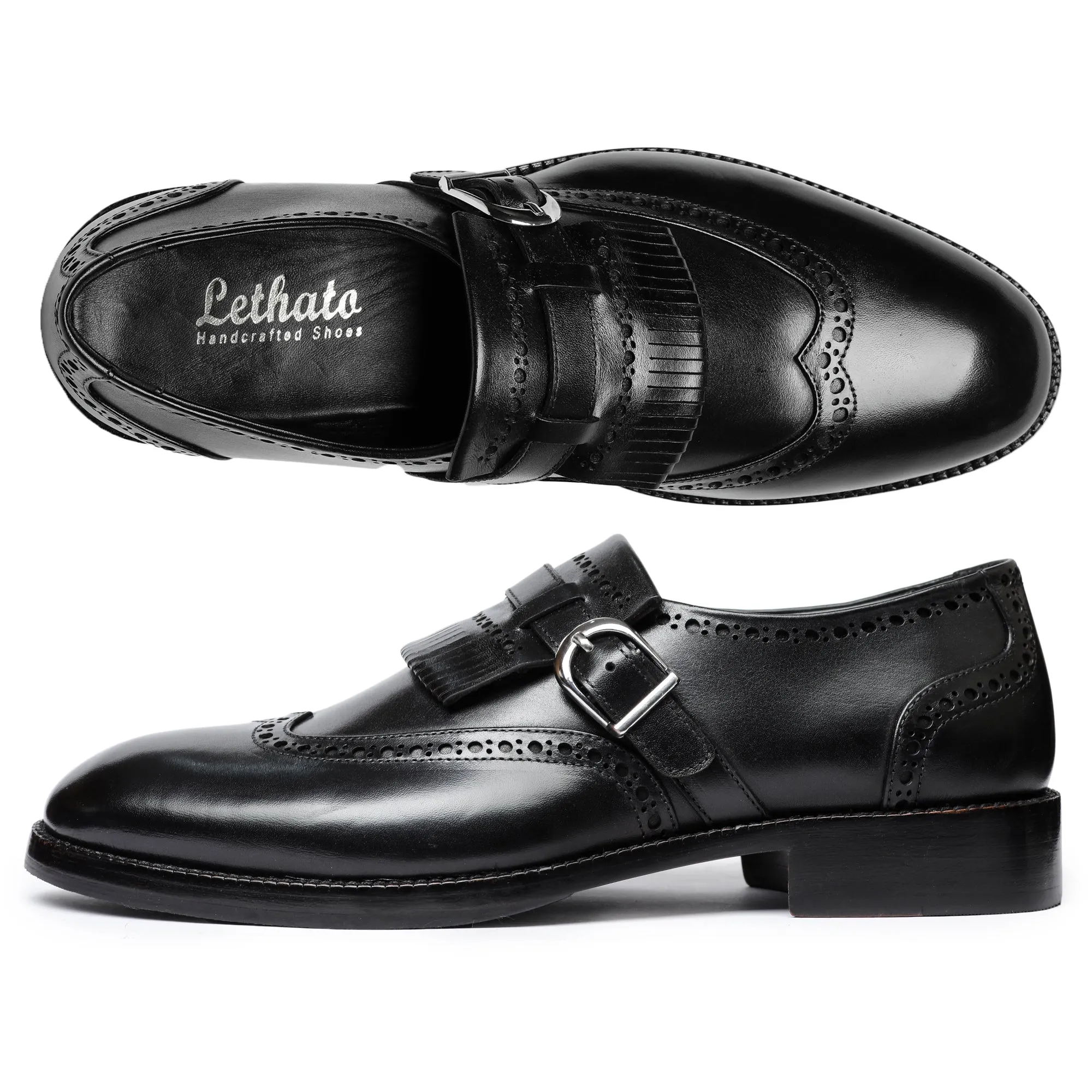 Wingtip Brogue Kiltie Monk Strap- Black