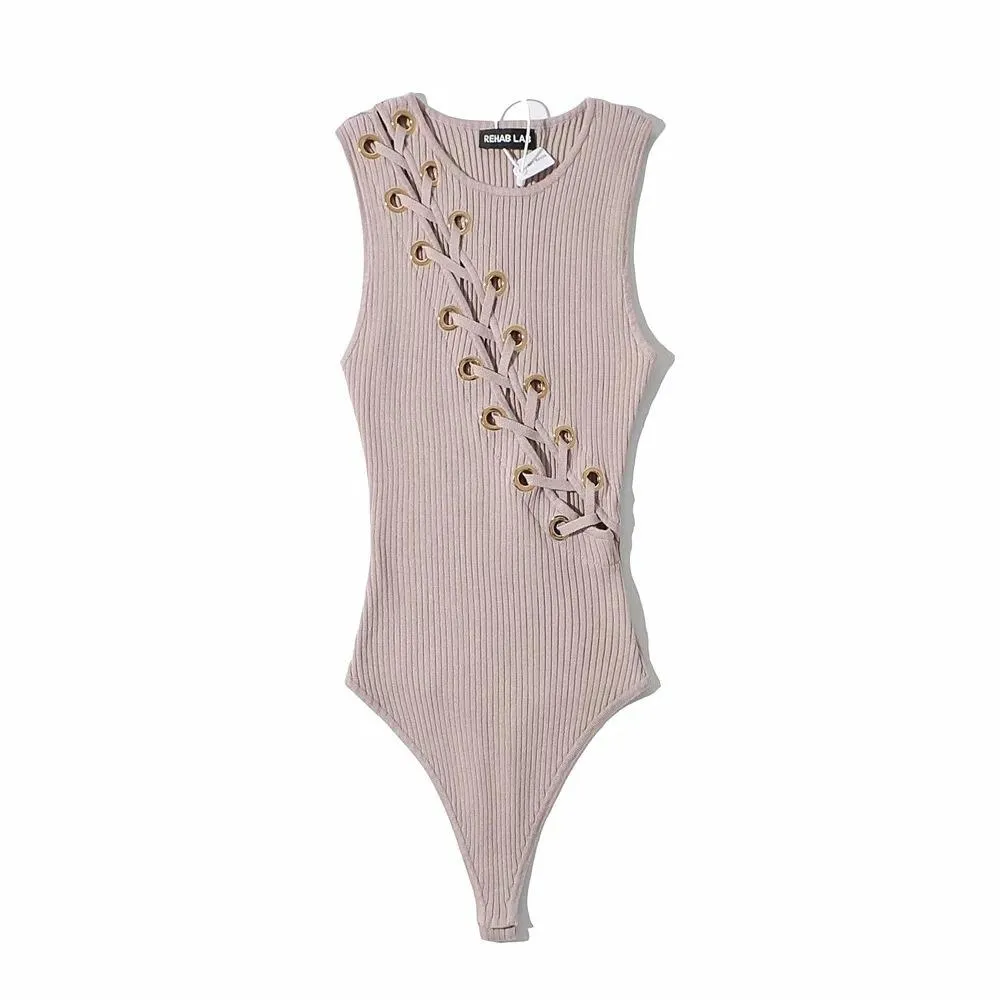 Women Sexy Sleeveless Lace=up Bodysuit