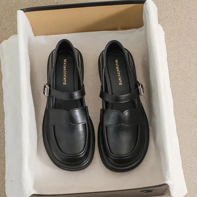 Women's Casual Shoes - CS105-3 Black Low Heel Leather Loafers