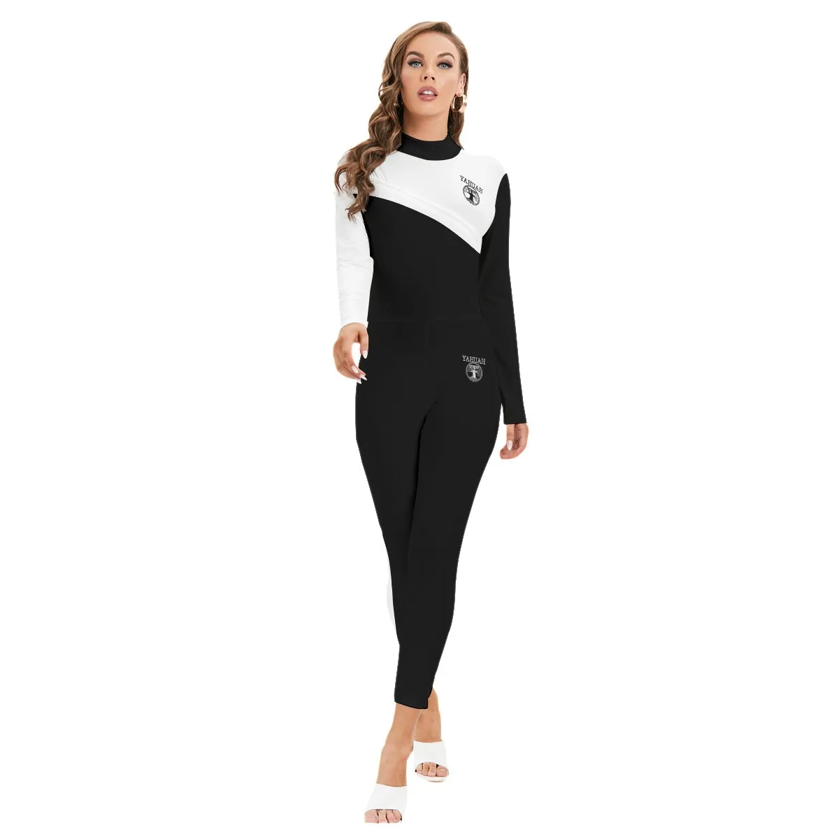 Yahuah-Tree of Life 02-06 Yin Yang Ladies Designer Long Sleeve High Neck Jumpsuit with Zipper (Style 02)