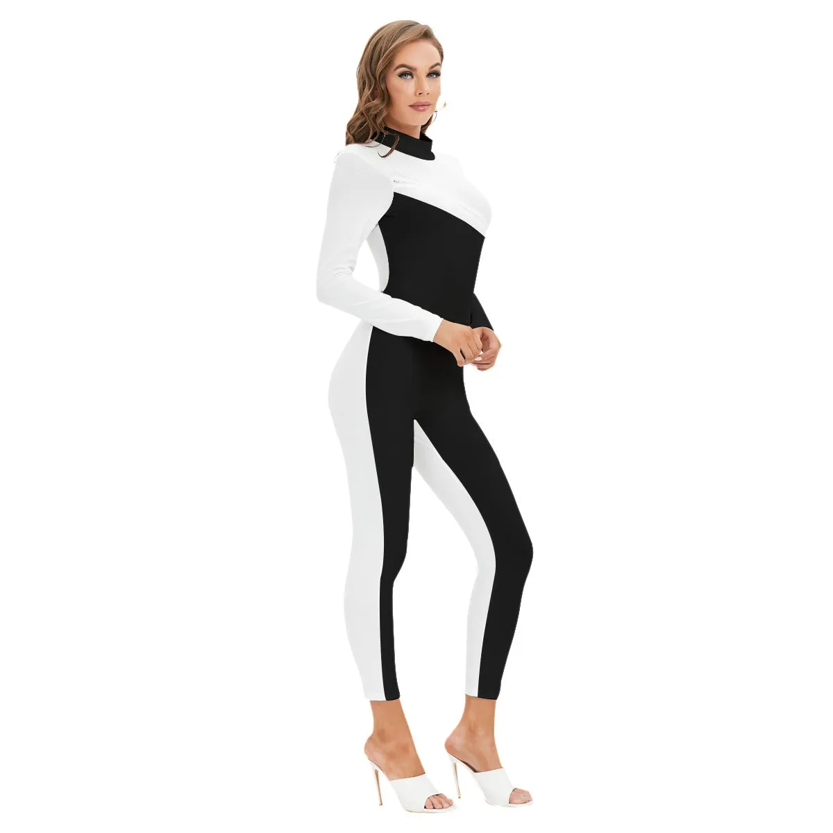 Yahuah-Tree of Life 02-06 Yin Yang Ladies Designer Long Sleeve High Neck Jumpsuit with Zipper (Style 02)